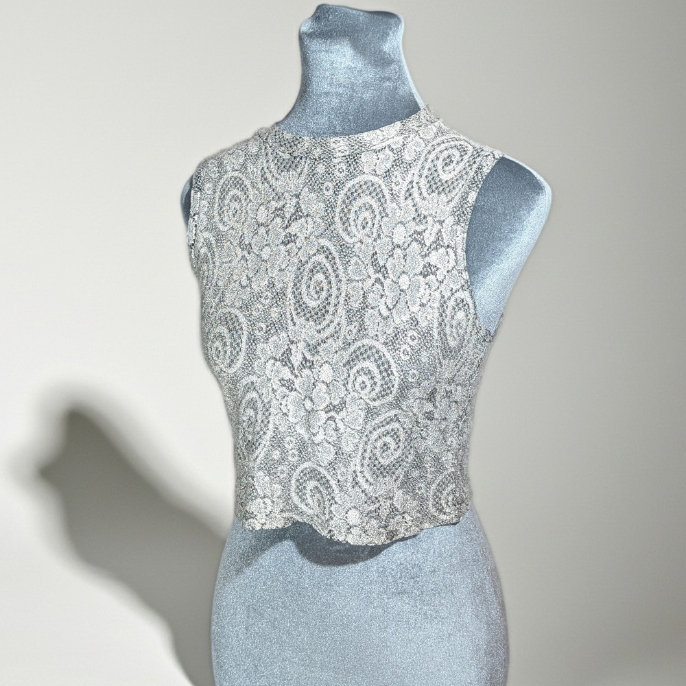 Knit Works Women's Gray White Lace Cropped Sleeveless High Neck Blouse Large